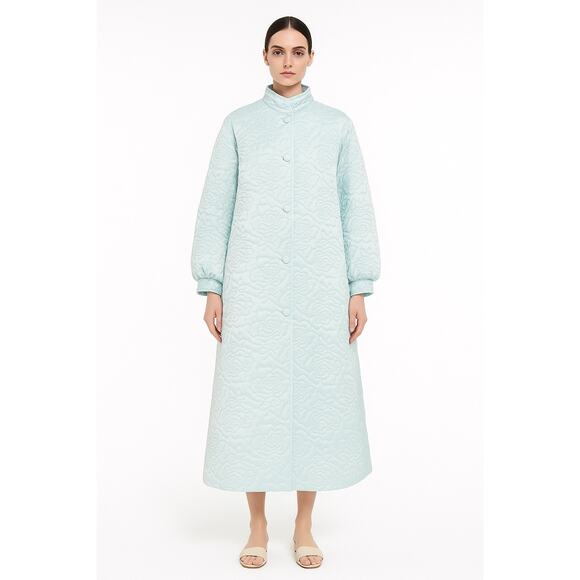 Vintage 60s Christian Dior Pastel Blue Quilted Floral Robe Mandarin Collar small - Picture 1 of 17
